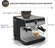 Krups Precision, Máquina de café espresso manual con molinillo, 30 niveles de molienda, 15 bares, boquilla de vapor, 3 temperaturas, interfaz intuitiva, capuchino, XP801T10