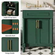 Tocador de baño de 24 pulgadas con lavabo de cerámica, gabinete estilo Shaker, 2 puertas de cierre suave y marco de madera maciza para baño pequeño o tocador
