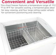 Congelador horizontal convertible Frigidaire, vitrina con tapa de cristal, 6.5 pies cúbicos, ruedas giratorias, temperatura ajustable