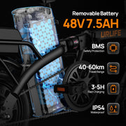 Bicicleta eléctrica plegable URLIFE de 14", batería extraíble de 48V 7.5Ah para un largo alcance de hasta 60 km, motor de 250W, 3 modos de conducción, altura del asiento ajustable, bicicleta eléctrica plegable (pedelec) para hombres y mujeres