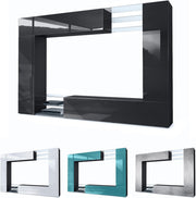 Mueble de salón Vladon Mirage, fabricado en Alemania, mueble mural con panel trasero con 2 puertas, 2 puertas abatibles y 6 estantes de cristal abiertos, negro mate/gris brillante, incluye iluminación LED (262 x 183 x 39 cm)