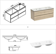 AICA Mueble de baño 120cm Roble Wotan, doble lavabo + espejo luminoso 3 colores + regulable