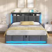 AOGLLATI Cama tapizada de matrimonio 140x200 con arcón, cama con almacenamiento hidráulico, iluminación LED y enchufes, cama 140x200 cm con cabecero con almacenaje, somier de láminas, lino, gris oscuro (sin colchón)