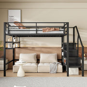 Cama alta, 140x200 cm, estantes, escalera con almacenamiento, espacio libre debajo de la cama para personalizar, barandilla, sin colchón, muebles negros, muebles de dormitorio, cama, estructura de cama y base WX00057