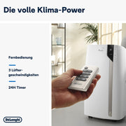 De'Longhi Pinguino PAC EM82, aire acondicionado portátil para habitaciones de hasta 80 m³, 9.400 BTU, 2,4 kW, 63 dB, función de deshumidificación, clase energética A, temporizador 24 h, blanco