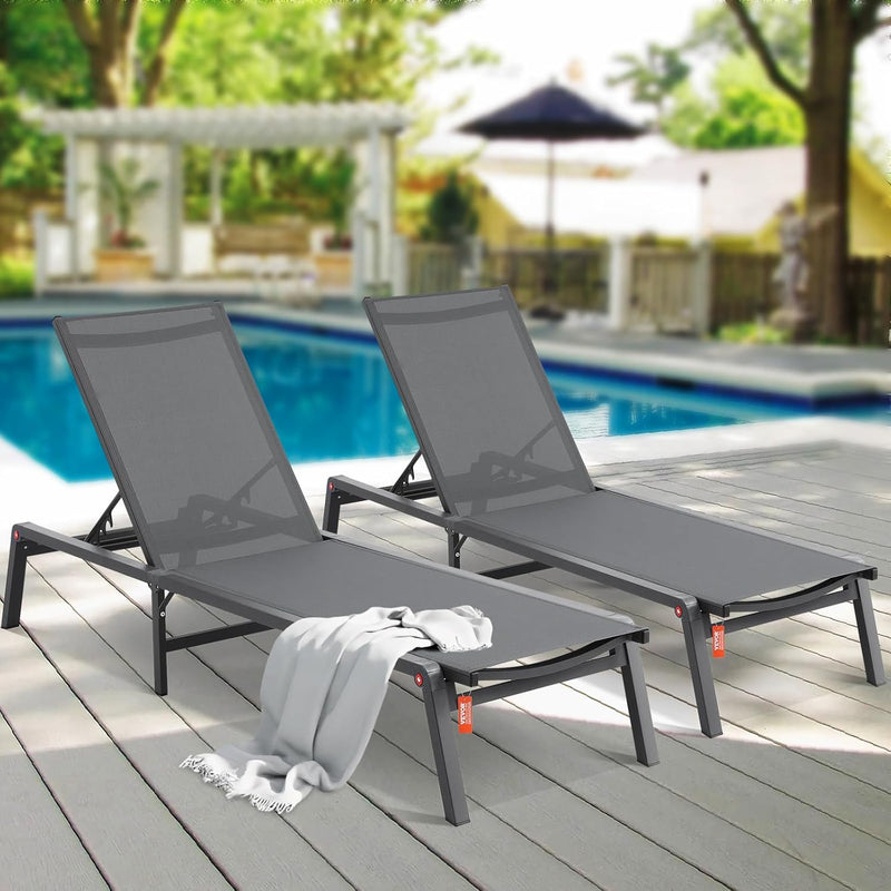 VEVOR Tumbona plegable, 182x60x88cm Sillas de playa de aluminio con 5 posiciones ajustables, tumbona de playa, sillas de descanso, tumbona de jardín, tumbona de relax, tumbona para terraza, playa, piscina, gris oscuro, 2 unidades