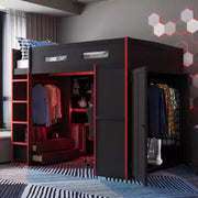 Cama alta matrimonial Merax con escritorio, armario, luces LED RGB y puerto de carga USB, elegante estructura negra con espacio de almacenamiento múltiple para amantes de los videojuegos