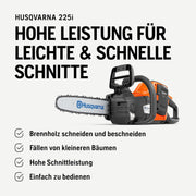 Motosierra de batería Husqvarna 225i: ligera, inalámbrica, silenciosa, espada de 14″, velocidad de cadena de 20 m/s, ideal para poda y mantenimiento de jardines (incluye batería y cargador)