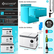 Nevera portátil con compresor KESSER 2 en 1 de doble zona, refrigeración y congelador eléctrico con 2 acumuladores de frío y panel táctil LED | Refrigerador con enfriamiento hasta -20 °C para camping, coche, camión 12/24V 230V