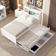 Cama tipo plataforma con nido y cajones, cama tipo plataforma con almacenamiento y USB, cama tipo plataforma de madera con estantería