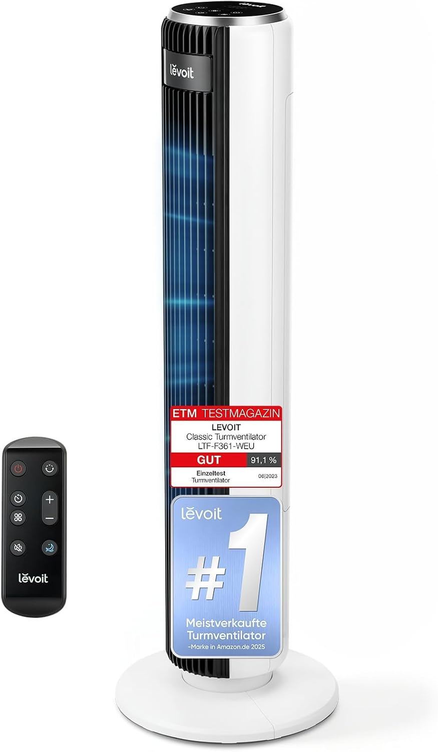 Ventilador de torre Levoit con modo de suspensión avanzado, silencioso, temporizador de 12 horas, 4 modos, 5 velocidades, modo automático con sensor, oscilación, mando a distancia, blanco, 92 cm