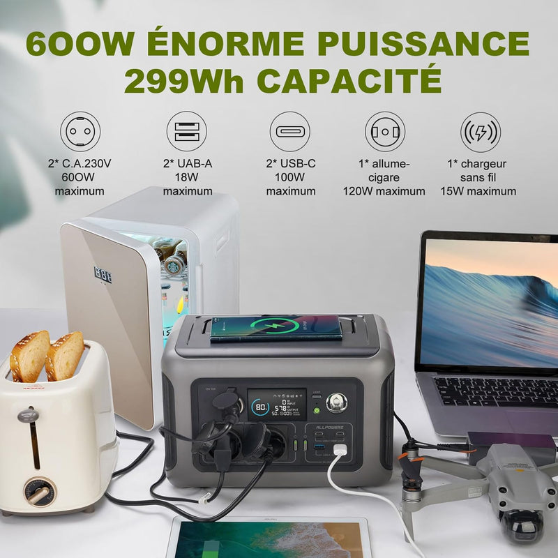 ALLPOWERS R600 Estación de energía portátil 299Wh, batería LiFePO4 con más de 3500 ciclos, carga de 0 a 80% en 30 minutos, carga inalámbrica rápida de 15W, generador solar para camping, exteriores