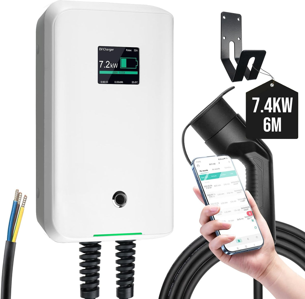 Cargador EV Morec Tipo 2 32A 7KW 6M con APP, compatible con conexión Bluetooth y WiFi estándar para estación de carga EV, enchufe estándar IEC 62196-2