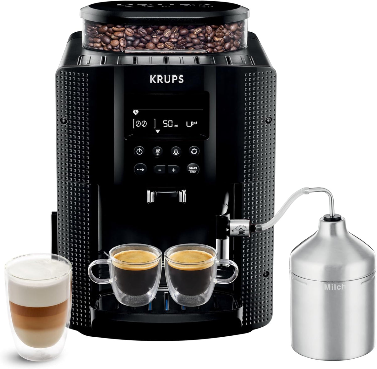 Krups Essential, Cafetera espresso superautomática, 2 tazas simultáneas, Pantalla LCD, Limpieza automática, Boquilla de vapor, Jarra de leche de acero inoxidable para capuchino, Negra, EA816031