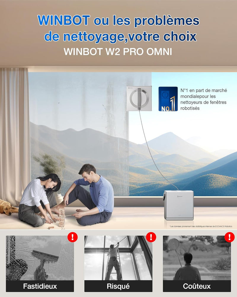 ECOVACS WINBOT W2 Pro Omni Robot limpiacristales con estación multifunción, se recarga durante el funcionamiento, boquilla de triple atomización, sistema de protección de 12 niveles