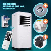 Aire acondicionado portátil Monzana® MZKA2000, manguera de escape, 7000 BTU, 3 en 1, 750 W, temporizador 24 h, 25 m², mando a distancia, deshumidificador, kit de sellado para ventanas, climatizador