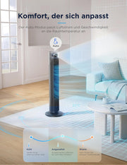 Ventilador de torre inteligente Midea FZ10-26ARDW silencioso con mando a distancia, 19 dB ultrasilencioso, motor CC, 4 modos y 12 niveles, temporizador de 24 h, control por aplicación para dormitorio, salón y oficina, negro, 105 cm