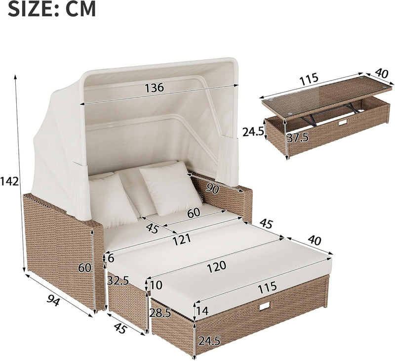 Muebles de jardín de ratán sintético para 2-4 personas, sofá de jardín, sofá lounge, mesa de centro ajustable, toldo extraíble, ratán de PE y esponja, caqui