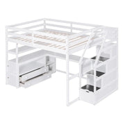 Cama alta de tamaño matrimonial con escritorio y estantes, dos cajones integrados, escalera con almacenamiento, gris