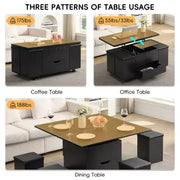 Mesa de centro elevable moderna multifuncional Zeus & Ruta con almacenamiento oculto, 4 taburetes y ruedas, perfecta para espacios modernos