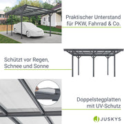 Cochera Juskys con techo plano 5x3 m - Cubierta de aluminio con placas alveolares - Refugio para coches - Montaje independiente - Gris oscuro