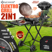 KESSER Parrilla eléctrica 2 en 1 de sobremesa y con soporte, 2400 W, termostato, revestimiento antiadherente, para interior y exterior