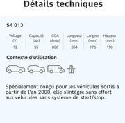 Batería de coche Bosch S4 013 95 Ah - 800 A - Batería de 12 V, Plomo-ácido para vehículos sin sistema Start/Stop, Polaridad izquierda (-) derecha (+), 354 x 175 x 190 mm