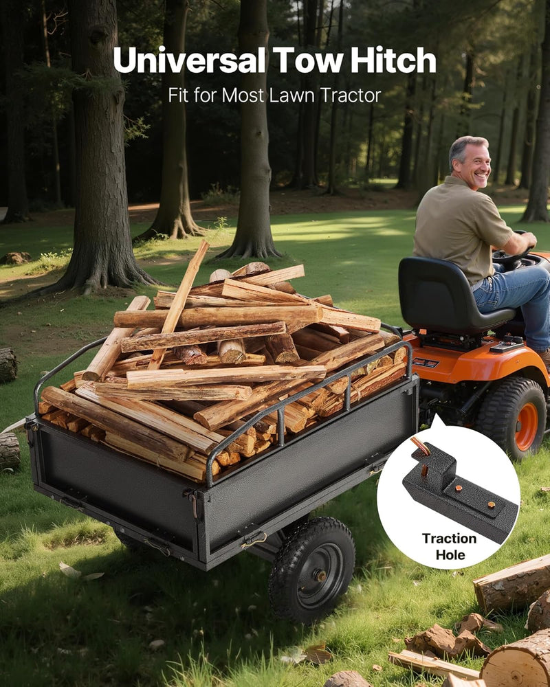 VEVOR Remolque Basculante, 283 L, Remolque de Jardín de Acero para Tractor Cortacésped, Capacidad de Carga 226,8 kg, con Neumáticos de 35,56 cm, Carrito de Transporte con Volquete para ATV, UTV