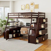 Cama alta de pino macizo con escritorio y almacenamiento