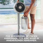 Ventilador inalámbrico con nebulizador Shark FlexBreeze Pro para interiores y exteriores con sistema de rociado, depósito de agua portátil, alcance de 20 m, ventilador de pie y de mesa, 5 niveles de velocidad, silencioso, mando a distancia, Dove FA300WHEU