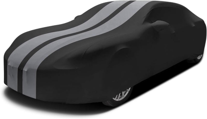 Asasytal Funda de coche para interiores, para sedán/berlina, funda protectora transpirable de terciopelo elástico, para garaje/exposición de coches, 4,9~5,25 m, gris a rayas + negro
