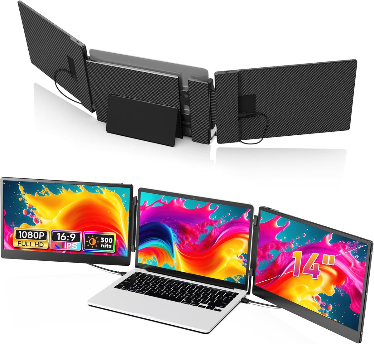 Monitor portátil de 14", extensión de pantalla para ordenador portátil, monitor triple FHD 1080P, pantallas para PC con HDMI/USB-C Plug & Play para Mac, Windows y Chrome