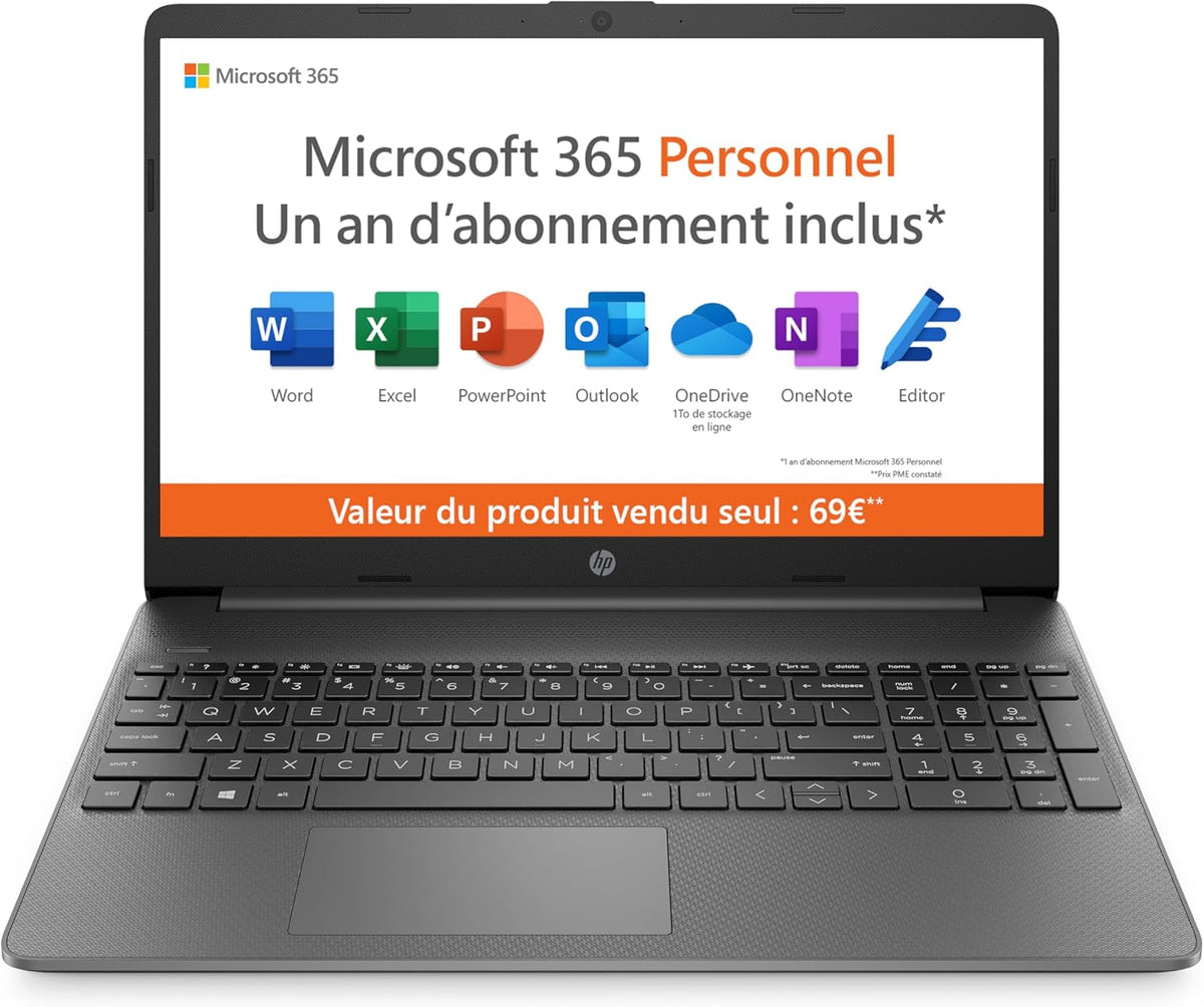 HP 15s-fq0003sf Ordenador Portátil 15,6" FHD, PC Portátil (Intel Celeron N4120, RAM 4 GB, SSD 128 GB, Intel UHD Graphics, Windows 11), Portátil Gris, AZERTY, Microsoft 365 Personal 12 Meses Incluido