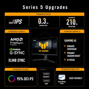 TUF Gaming VG27AQL5A - Monitor Gaming de 27" QHD (2560x1440), 210Hz (OC), Fast IPS, ELMB Sync, 0.3ms GTG, Altavoces estéreo, DisplayWidget Center, Gaming AI, Ajustable en altura