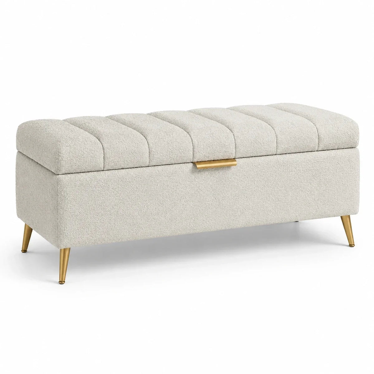Banco arcón de tela bouclé con patas de metal en beige