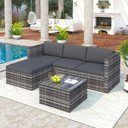 Set de salón de poliratán, juego de muebles de jardín para balcón para 3-4 personas, conjunto de asientos para jardín con sofá de 3 plazas, taburete, cojines y mesa de cristal, muebles de terraza, sofá esquinero, para jardín, balcón y terraza (gris)