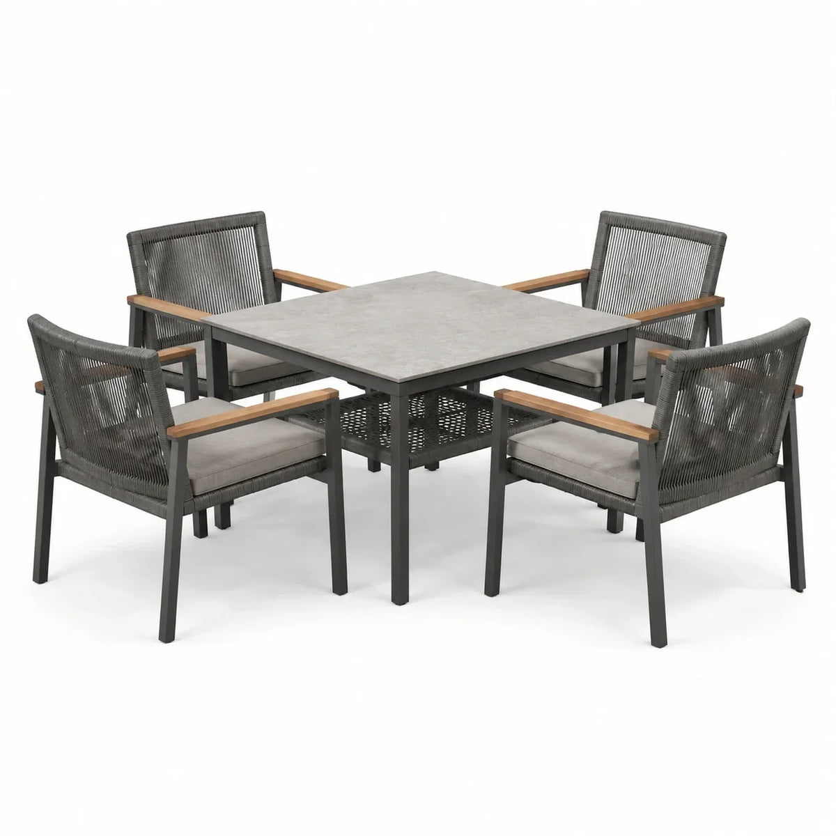 Conjunto de comedor de jardín 4 sillas aluminio cerámica poliéster gris
