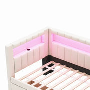Cama con plataforma tapizada con puertos USB e iluminación LED - Base de cama matrimonial/individual con 2 cajones de almacenamiento - Dormitorio moderno