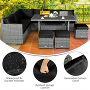 Conjunto de muebles de comedor para patio de 7 piezas de ratán con sofá seccional, mesa de comedor, otomanas y cojines
