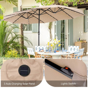 Sombrilla de mercado para exteriores rectangular de 15 pies, de doble cara, con manivela, luces LED solares y base incluida