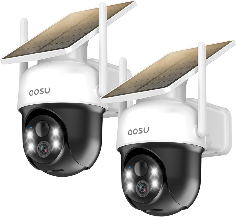 aosu Paquete de 2 cámaras de vigilancia WiFi inalámbricas para exteriores con panel solar, 3MP 360° PTZ panorámica, visión nocturna, alarma luminosa y sonora, audio bidireccional
