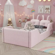 Cama plataforma doble Whisen, cama de suelo tapizada para niños con cojín de conejo, barandillas laterales extraíbles