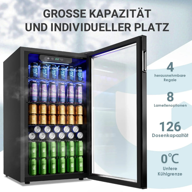 EUHOMY Mini refrigerador de bebidas de 90L para 126 latas con puerta de cristal, estantes ajustables, para hogar, bar, oficina, acero inoxidable negro