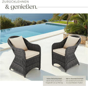 tectake® Set de 2 sillas de jardín de polirratán y aluminio, mobiliario de jardín con 2 sillones, resistente a la intemperie, sillón de jardín de ratán con cojines suaves, funda extraíble y lavable, estable y protector de suelos - gris