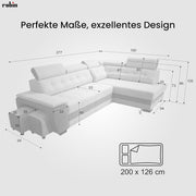 Sofá rinconero Robin Inspire Grand con función cama plata-antracita izquierdo | Sofá en forma de L con arcón, función relax, 2 taburetes y reposacabezas. Conjunto de salón con opción de dormir.