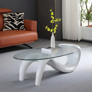 Mesa de centro abstracta moderna con base de metal y cubierta de cristal ovalada
