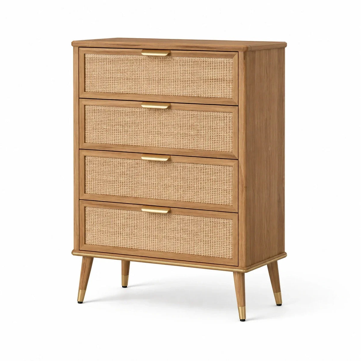 Cómoda de madera con ratán, 4 cajones