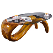 Mesa de centro abstracta moderna con base de metal y cubierta de cristal ovalada