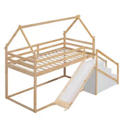 Literas tipo casita con tobogán y escaleras de almacenamiento, litera de madera individual sobre individual para niños con techo y escaleras para niñas y niños