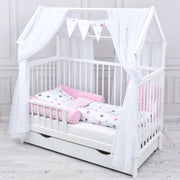Set completo de cuna Baby Delux, cama casita de 60x120 cm, color blanco, con cajón, barrera anticaídas, colchón, ropa de cama y set de decoración (Prince Stars)